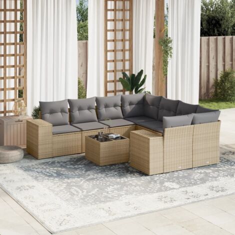 Ensemble Salon Jardin 9 Places Résine Tressée Beige avec Coussins Gris - Table Verre Trempé, Modulaire et Lavable (1/5)