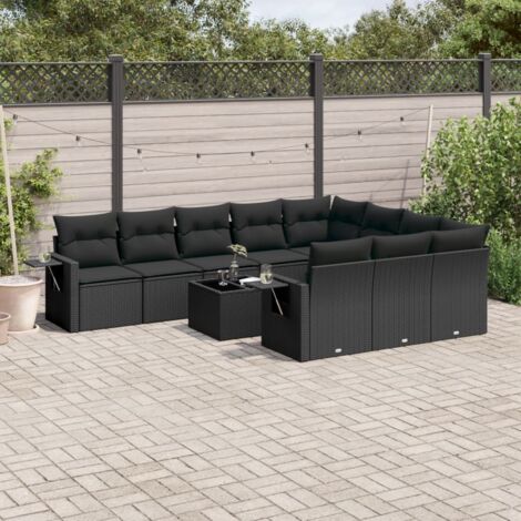 Ensemble Salon Jardin 11 Pièces Noir Résine Tressée avec Coussins et Table - Mobilier Extérieur Modulaire avec Rangement (1/3)