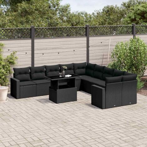 Ensemble de jardin 11 pièces noir résine tressée avec coussins - Table extensible verre trempé - Meuble terrasse modulaire (1/5)