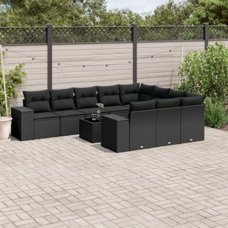 Ensemble Salon Jardin 11 Pièces Noir Résine Tressée avec Coussins - Table Verre Trempé, Stockage Intégré, Modulaire (1/3)