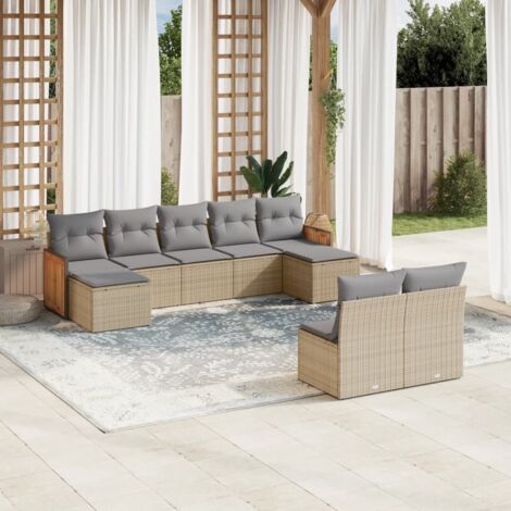 Salon de Jardin 9 Places en Résine Tressée Beige avec Coussins Gris - Ensemble Modulaire Canapé d'Extérieur (1/5)