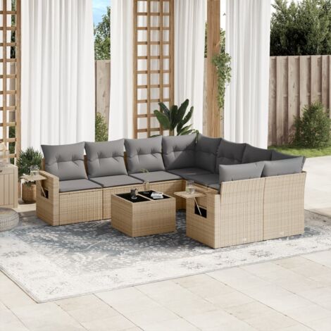 Ensemble Salon Jardin 9 Places Résine Tressée Beige avec Coussins Gris, Table et Rangement Intégré (1/3)