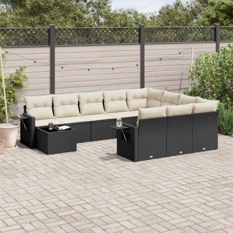 Ensemble Jardin 11 Pièces Résine Tressée Noir avec Coussins Crème - Salon Extérieur Modulaire avec Table et Rangement Intégré (1/3)