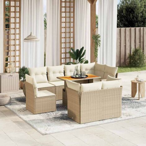 Ensemble Salon Jardin 9 Places Résine Tressée Beige avec Coussins - Table Réglable et Modulaire (1/3)