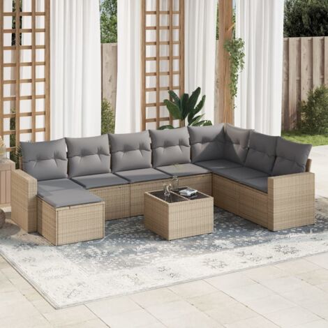[Ensemble Salon Jardin] Résine Tressée 9 Places avec Coussins Gris - Table Verre Trempé, Modulaire (1/3)