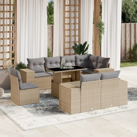 Salon de jardin 9 places en résine tressée beige avec table extensible et coussins gris - Ensemble modulaire 8 sièges + 1 table avec verre trempé (1/5)