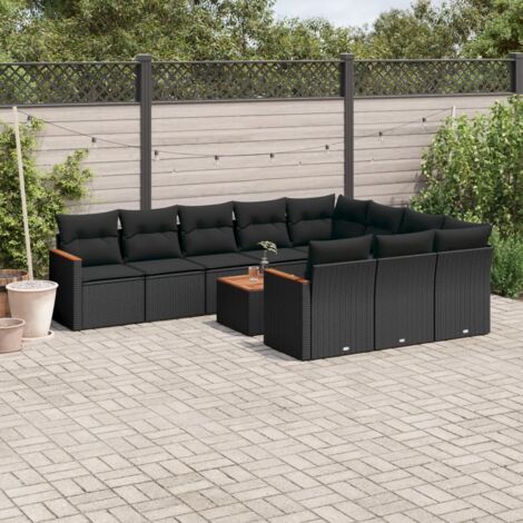 Ensemble Salon Jardin 11 Pièces Noir Résine Tressée avec Coussins - Meuble Extérieur Modulaire Acacia (1/5)