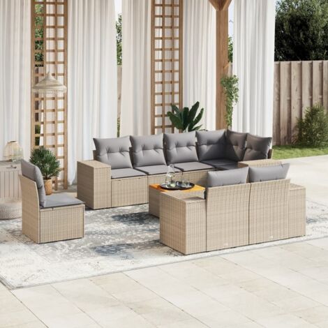 Ensemble Salon Jardin 9 Places Résine Tressée Beige avec Coussins Gris - Table Acacia, Modulaire et Résistant aux Intempéries (1/5)