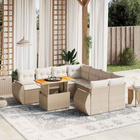 Ensemble Salon Jardin 9 Places Résine Tressée Beige avec Coussins Amovibles - Table Réglable et Mobilier d'Extérieur Modulaire (1/3)