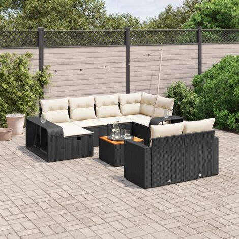 Ensemble Jardin 11 Pièces Noir Résine Tressée avec Coussins Crème - Salon Extérieur Modulaire Acacia (1/4)