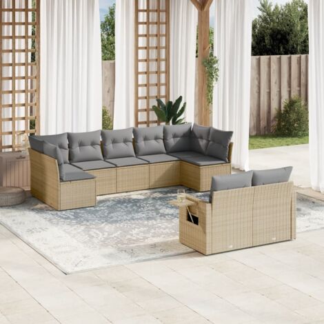 Ensemble salon jardin 9 places résine tressée beige avec coussins gris, rangement intégré et table d'appoint (1/3)