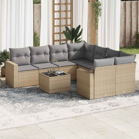 Ensemble Salon Jardin 9 Places Résine Tressée Beige avec Coussins Gris, Table Verre Trempé, Modules Rangement Eau (1/3)