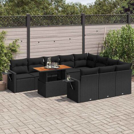 Ensemble Salon Jardin 11 Pièces Résine Tressée Noir avec Coussins - Table Réglable, Espace Rangement et Mobilier d'Extérieur Modulaire (1/5)