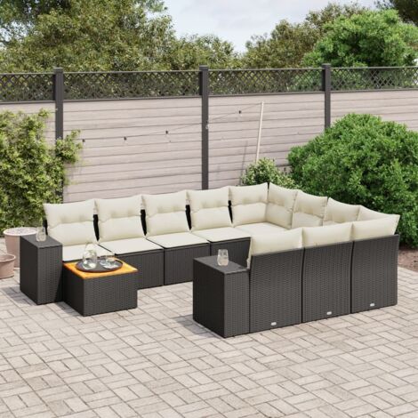 Salon de Jardin 11 Pièces Noir Résine Tressée avec Table Acacia et Coussins Crème - Ensemble Modulaire avec Rangement Intégré (1/3)