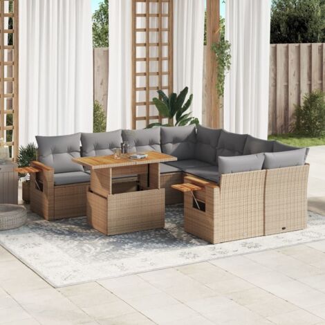 Ensemble Salon Jardin 9 Places Résine Tressée Beige avec Coussins Gris - Table Réglable et Modulaire (1/3)