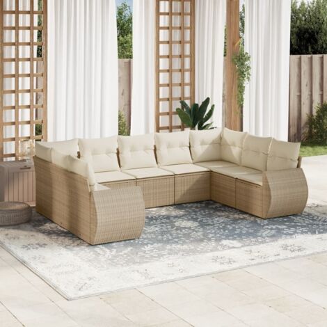 Ensemble Salon Jardin 9 Places Résine Tressée Beige avec Coussins et Rangement Modulaire (1/3)