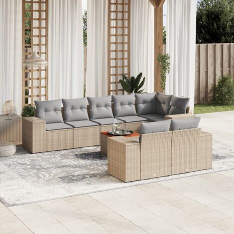 Ensemble Salon Jardin 9 Places Résine Tressée Beige avec Coussins Gris - Table Acacia Modulaire (1/5)