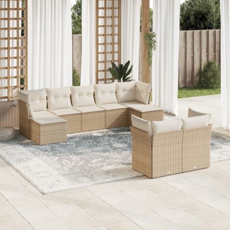Ensemble Salon Jardin 9 Places Résine Tressée Beige avec Coussins - Canapé d'Angle Modulaire XXL pour Terrasse (1/3)