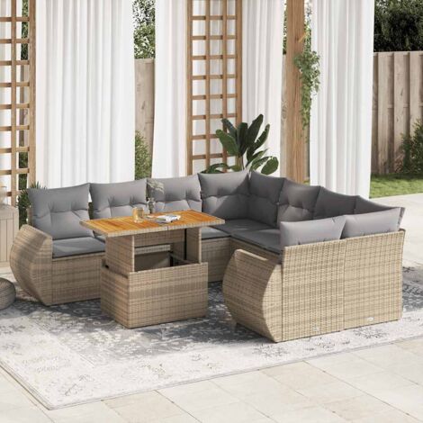 Ensemble Salon Jardin 9 Places Résine Tressée Beige avec Coussins Gris - Table Réglable et Rangement Intégré (1/5)