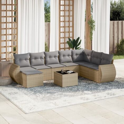 Ensemble salon jardin 9 places résine tressée beige avec coussins gris - Table verre trempé, mobilier extérieur modulaire (1/5)