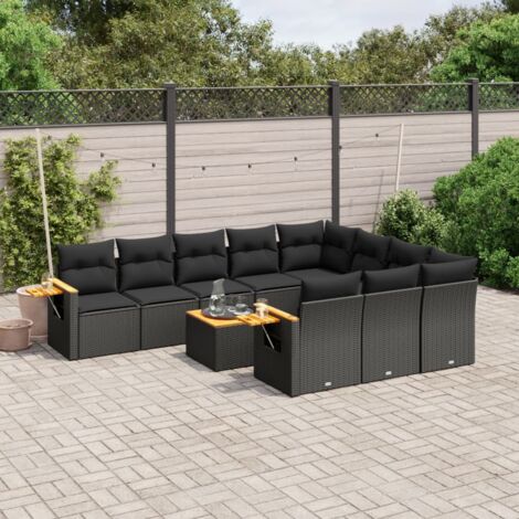 Ensemble Salon Jardin 11 Pièces Résine Tressée Noir avec Coussins - Table et Sièges Modulaires Rangement Intégré (1/3)