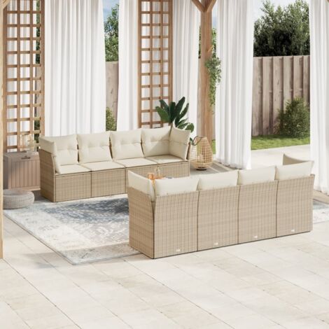 Ensemble Salon Jardin 9 Places Résine Tressée Beige avec Coussins - Table Acacia et Mobilier d'Extérieur Modulaire (1/3)
