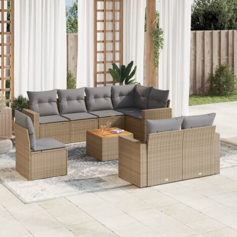 Ensemble Salon Jardin 9 Places Résine Tressée Beige - Canapés Modulaires avec Coussins Gris, Table Acacia (1/3)