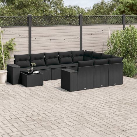Ensemble Salon Jardin 11 Pièces Noir Résine Tressée avec Table Verre Trempé et Coussins Lavables (1/3)