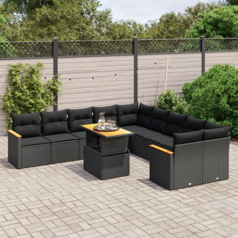 Ensemble Salon Jardin 11 Pièces Noir Résine Tressée avec Coussins - Table Réglable Hauteur, Modulable, Résistant aux UV (1/3)