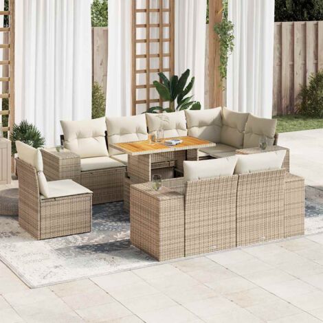 Ensemble Salon Jardin 9 Places Résine Tressée Beige avec Coussins, Table Acacia et Rangement (1/5)