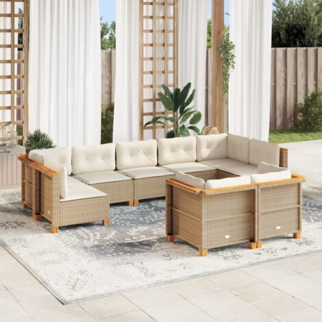 Ensemble de Salon Jardin 9 Places en Résine Tressée Beige - Canapés d'Angle et Centraux avec Coussins Amovibles - Structure Acier et Bois d'Acacia (1/5)