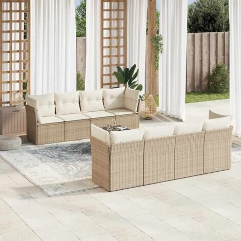 Ensemble Salon Jardin 9 Places Résine Tressée Beige avec Coussins - Table Verre Trempé, Modulaire, Housses Lavables (1/4)
