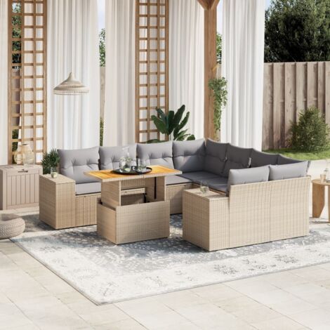 Ensemble Salon Jardin 9 Places Résine Tressée Beige avec Coussins Gris - Table Réglable Modulaire (1/3)