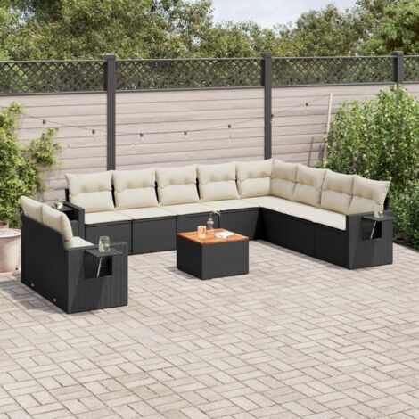 Ensemble Salon Jardin 11 Pièces Noir Résine Tressée avec Coussins Crème - Canapé d'Angle, Sièges Centraux et Table Acacia (1/5)