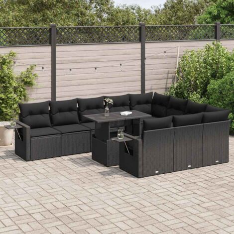 Ensemble Salon Jardin 11 Pièces Noir Résine Tressée avec Coussins, Table Réglable et Rangement Intégré (1/5)