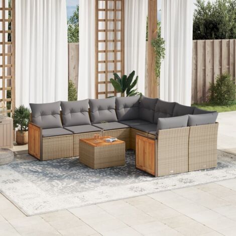 Ensemble Salon Jardin 9 Places Résine Tressée Beige avec Coussins Gris, Table Acacia, Modulaire Rangement Eau (1/3)