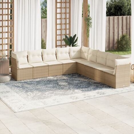 Ensemble Salon Jardin 9 Places Résine Tressée Beige avec Coussins Détachables - Meuble Extérieur Modulaire pour Terrasse (1/3)