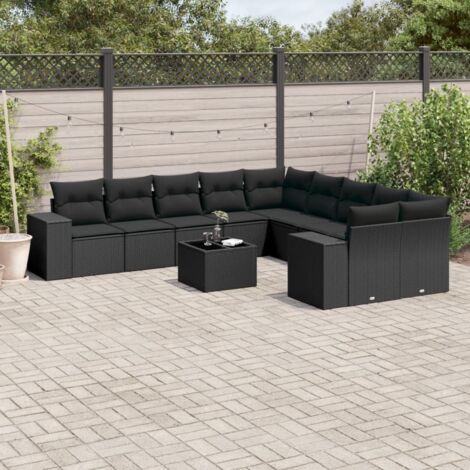 Ensemble Salon Jardin 11 Pièces Résine Tressée Noir avec Coussins - Table Verre Trempé, Stockage Intégré (1/3)