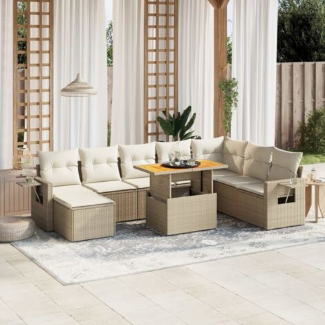 Ensemble Salon Jardin 9 Places Résine Tressée Beige avec Coussins - Table Réglable et Mobilier d'Extérieur Modulaire (1/4)