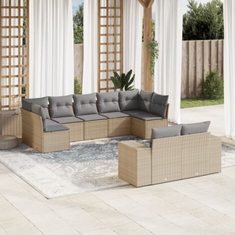 Ensemble Salon Jardin 9 Places Résine Tressée Beige avec Coussins Gris - Mobilier Extérieur Modulaire avec Rangement (1/3)