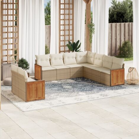 Ensemble Salon Jardin 9 Places Résine Tressée Beige avec Coussins Lavables - Canapé d'Angle Modulaire (1/5)