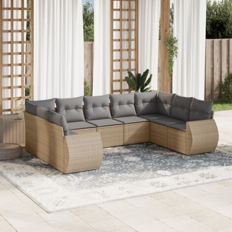 Ensemble Salon Jardin 9 Places Résine Tressée Beige avec Coussins Gris Modulable (1/5)