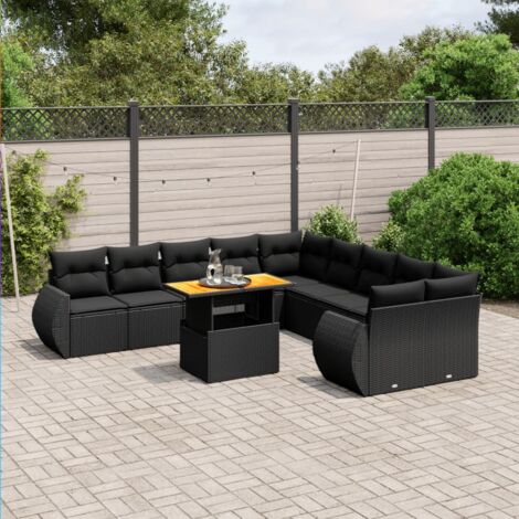 Salon de jardin 11 pièces noir résine tressée avec table extensible et coussins lavables (1/3)