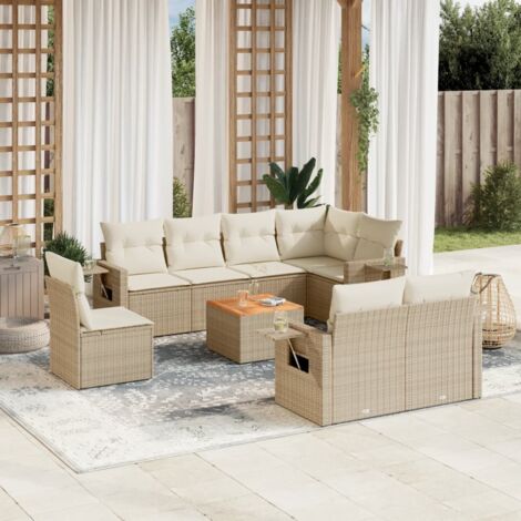 Ensemble Salon Jardin 9 Places Résine Tressée Beige avec Coussins - Mobilier Extérieur Modulaire avec Espaces Rangement et Table Acacia (1/3)