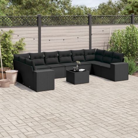 Ensemble Salon Jardin 11 Pièces Résine Tressée Noir avec Coussins - Table Verre Trempé, Stockage Intégré, Modulaire (1/5)