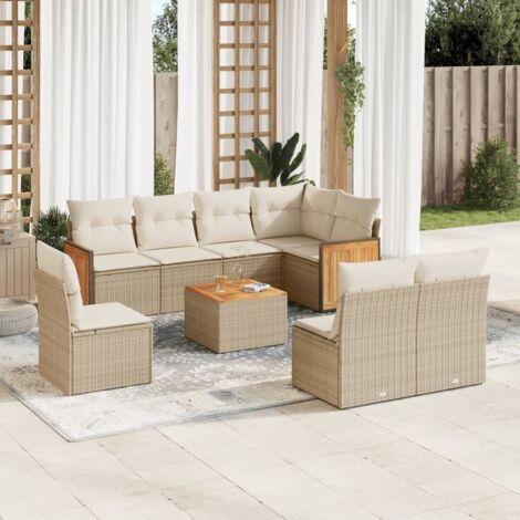 Ensemble salon jardin 9 places résine tressée beige avec coussins - Table acacia et rangement intégré (1/3)