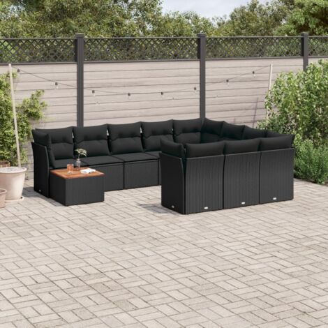 Salon de Jardin 11 Pièces Noir Résine Tressée avec Table Acacia et Coussins Lavables - Ensemble Modulaire avec Sièges de Rangement (1/5)