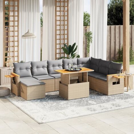 Ensemble de jardin 9 places en résine tressée beige avec table extensible et coussins lavables - Salon d'extérieur modulaire avec accoudoirs en acacia (1/3)