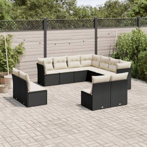 Salon de Jardin 11 Pièces Noir Résine Tressée avec Coussins Crème - Ensemble Modulaire avec Sièges de Rangement et Housses Lavables (1/3)