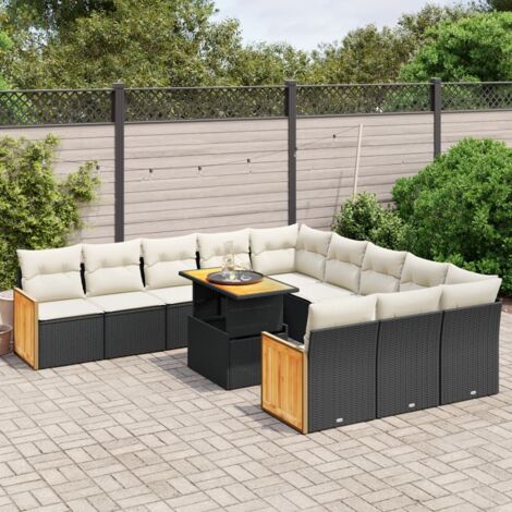 Salon de jardin 11 pièces noir résine tressée avec coussins - Ensemble modulaire avec table réglable et housses lavables (1/3)